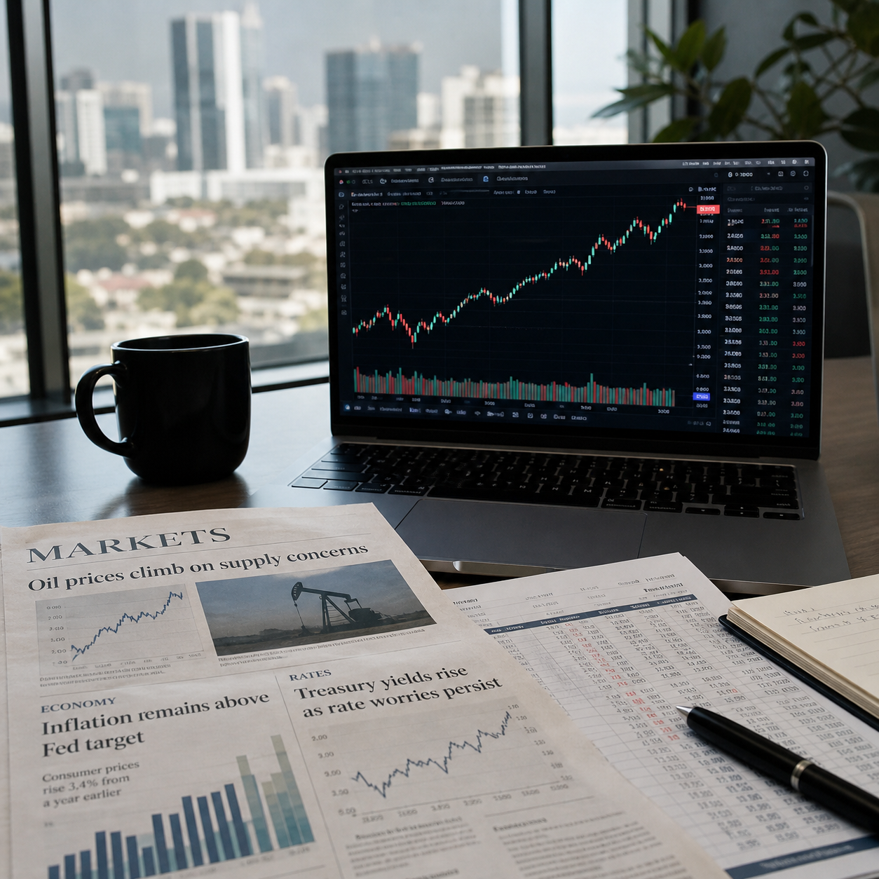 Stock market chart showing record highs, investor confidence and market news trends